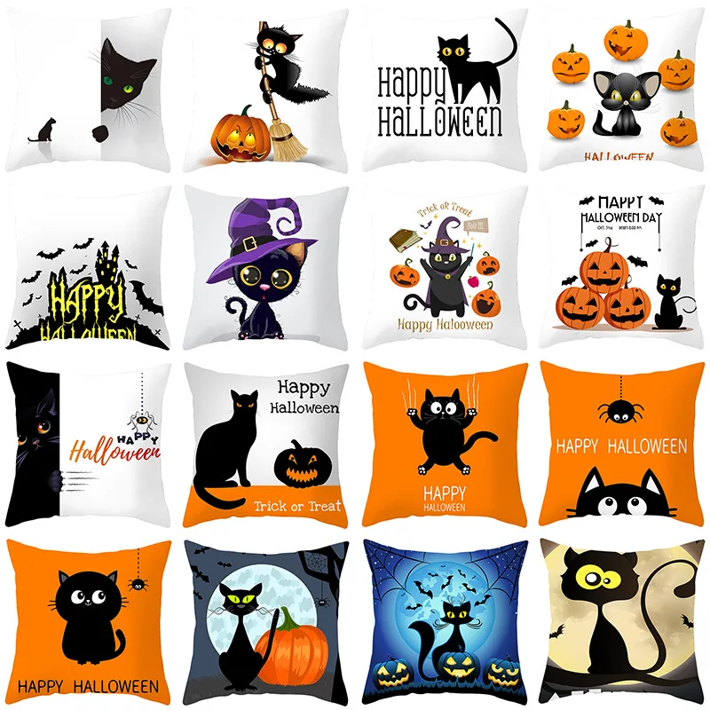 

Halloween Decor Cushion Cover 45x45 cm Funny Black Cat Pumpkin Printed Pillow Cover Home Decorative Throw Pillow Case for Sofa