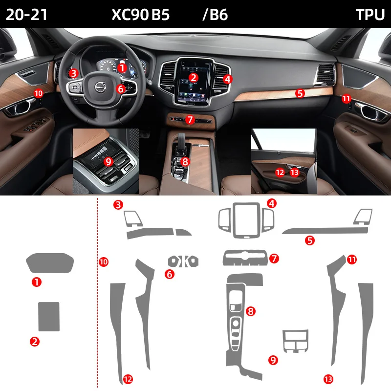 Tpu 투명 필름 볼보 XC90 자동차 인테리어 스티커, 센터 컨트롤 콘센트, 에어 기어, 내비게이션 대시보드 문짝, 윈도우 패널
