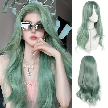 Parrucca da donna verde menta, capelli lunghi ondulati con frangia naturale a metà, parrucca sintetica completa per cosplay, feste e uso quotidiano alla moda