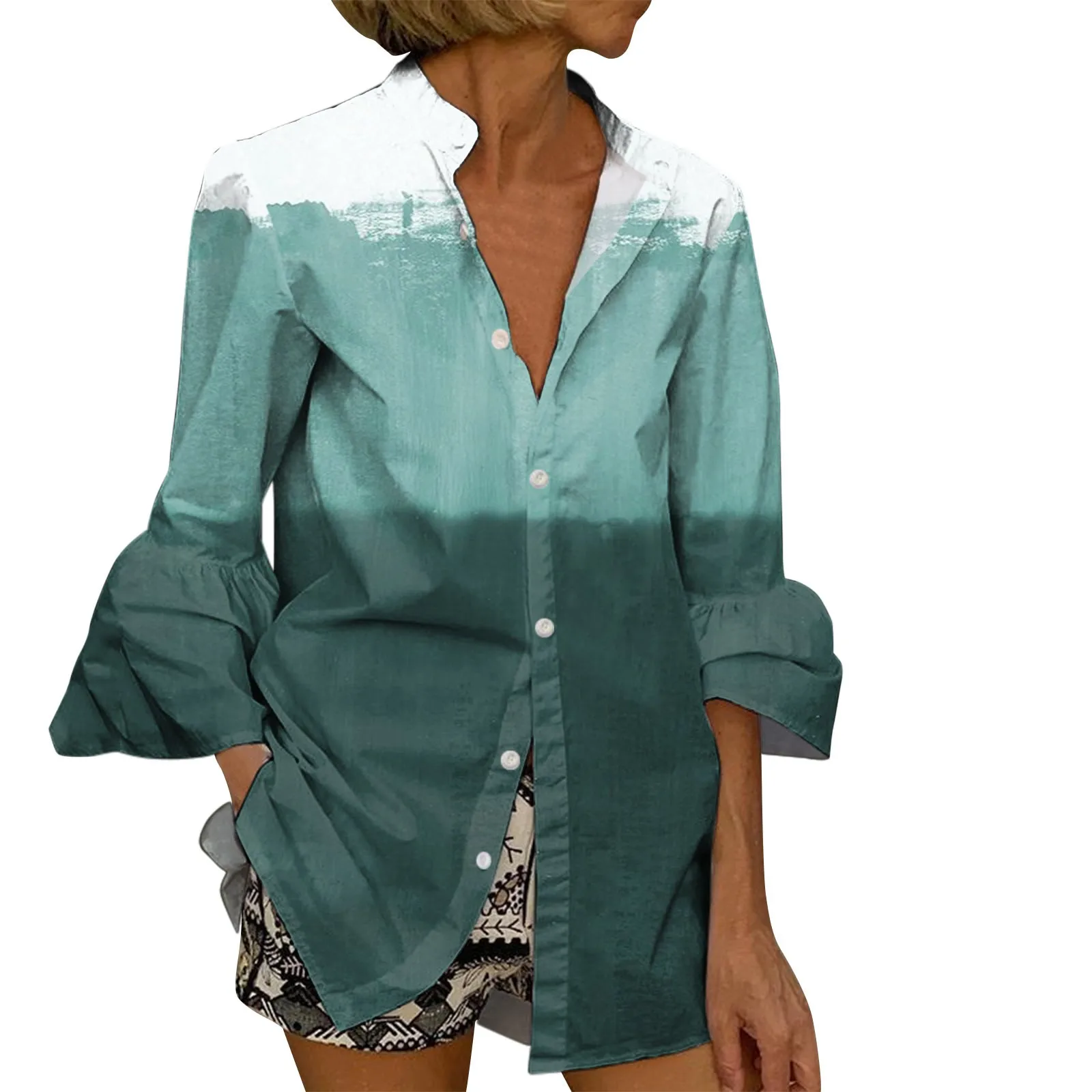 Women Dressy Casual Seventh Sleeve Shirts Blouses Folding Cuff V Neck Boho Tops Harjauku Flower Business Beachwear Loose