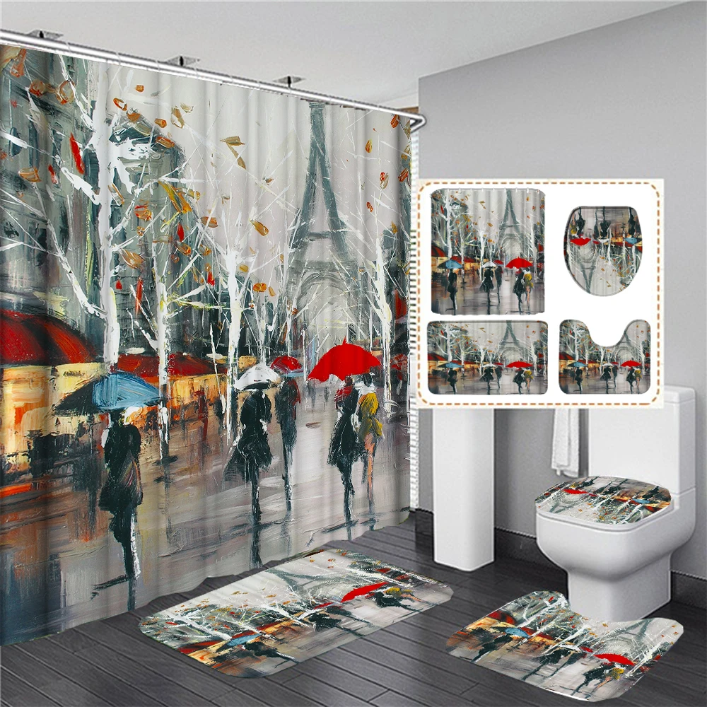 

3D Paris Tower Bathroom Curtains Set Landscape Waterproof Shower Curtain Bath Mats Pedestal Rug Toilet Lid Cover Non-slip Carpet