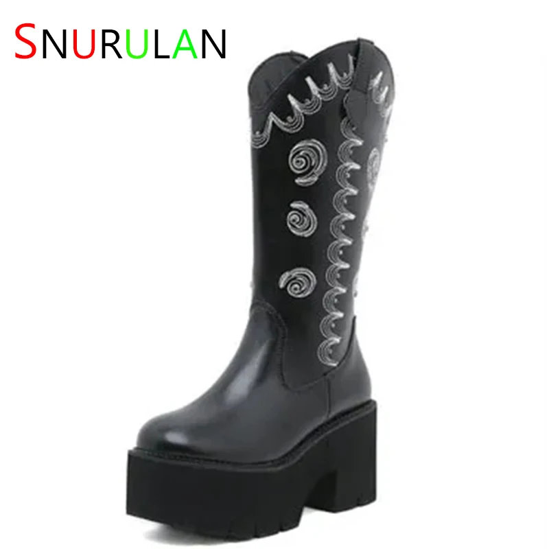 

ippeum Women's Western Cowboy Cowgirl Punk Boots Platform Booties Gothic Thick Heel Embroidery Western Mid-Calf Y2K Shoes