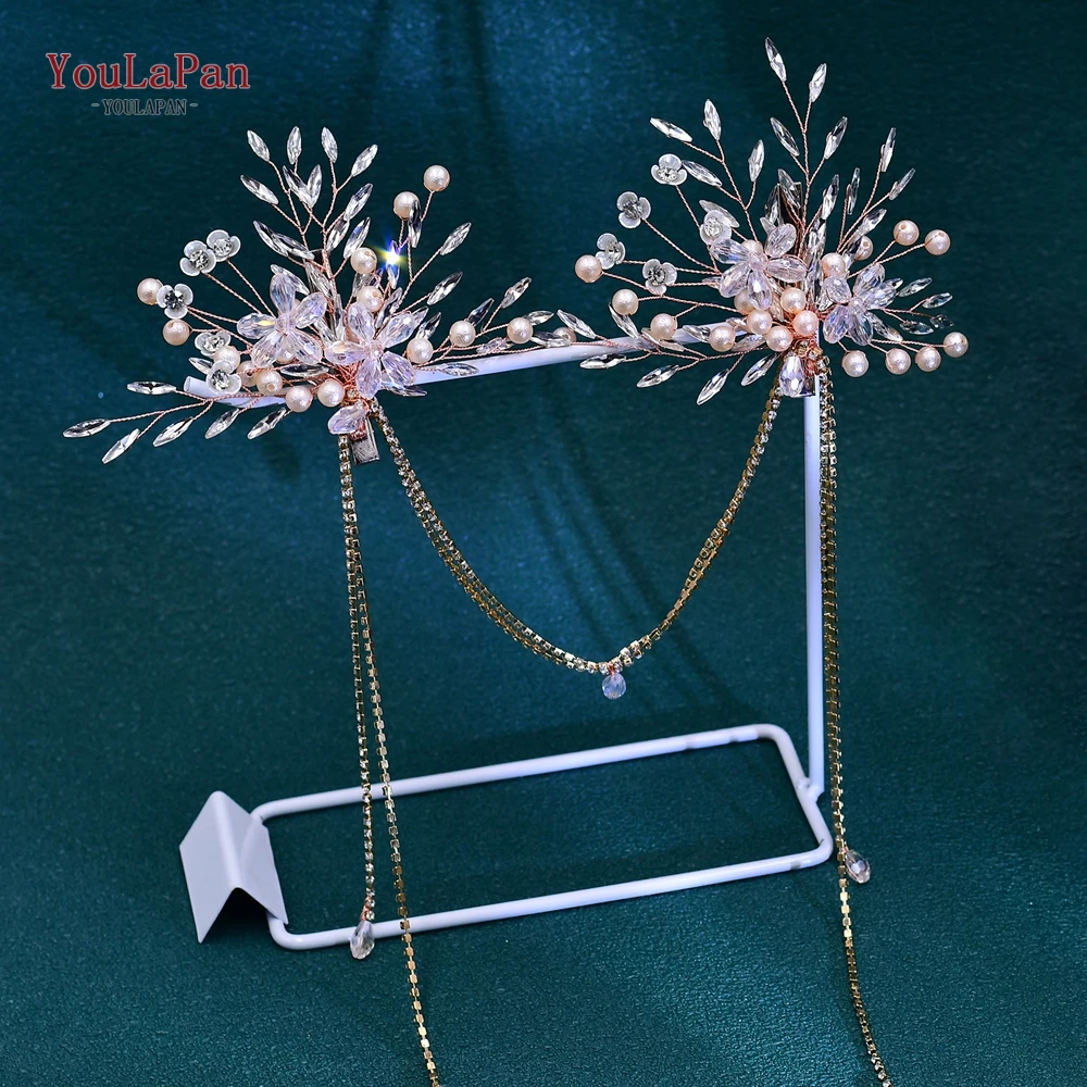 TOPQUEEN Bridal Hair Clips Tassels Bride Headpiece Wedding Women Hair Accessories Girls Metal Hair Chain Crystal Headwear HP679
