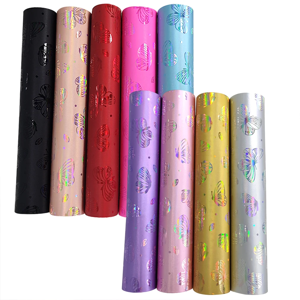 

30x135cm Butterfly Pattern Embossed Mirror Metallic Laser Effect PU Holographic Faux Leather Fabric for Shoe/Bag/Handbag/Craft