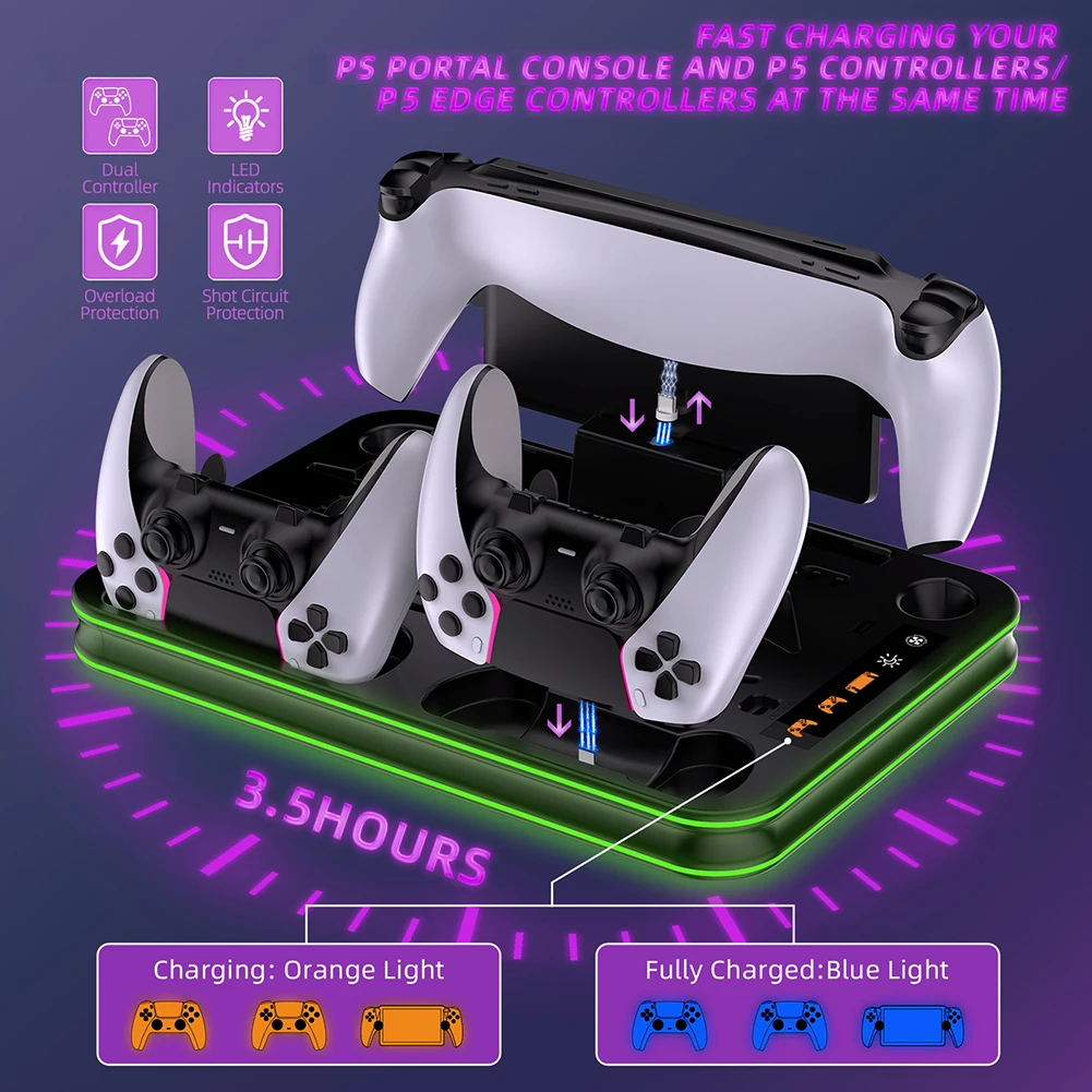 컨트롤러 충전 독, RGB 조명 포함, PS5 포털 냉각 스테이션 컨트롤러, 플레이스테이션 5/PS5 슬림용 충전 독