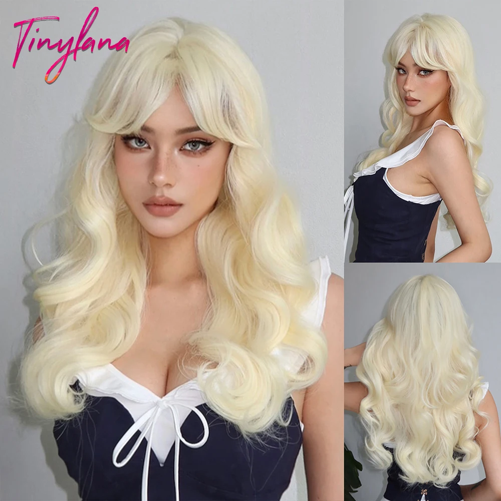 Blonde Ginger Yellow Synthetic Wig with Bangs Lolita Cosplay Long Curly Wave Wigs for White Women Natural Hair Heat Resistant