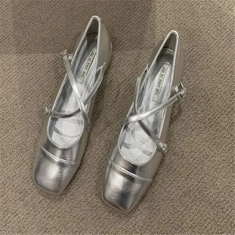 Spring Square Toe Ballet Shoes Fashion Low Heel Mary Jane Shoes Casaul Silver Cross Buckle Shallow Soft Sole Shoes