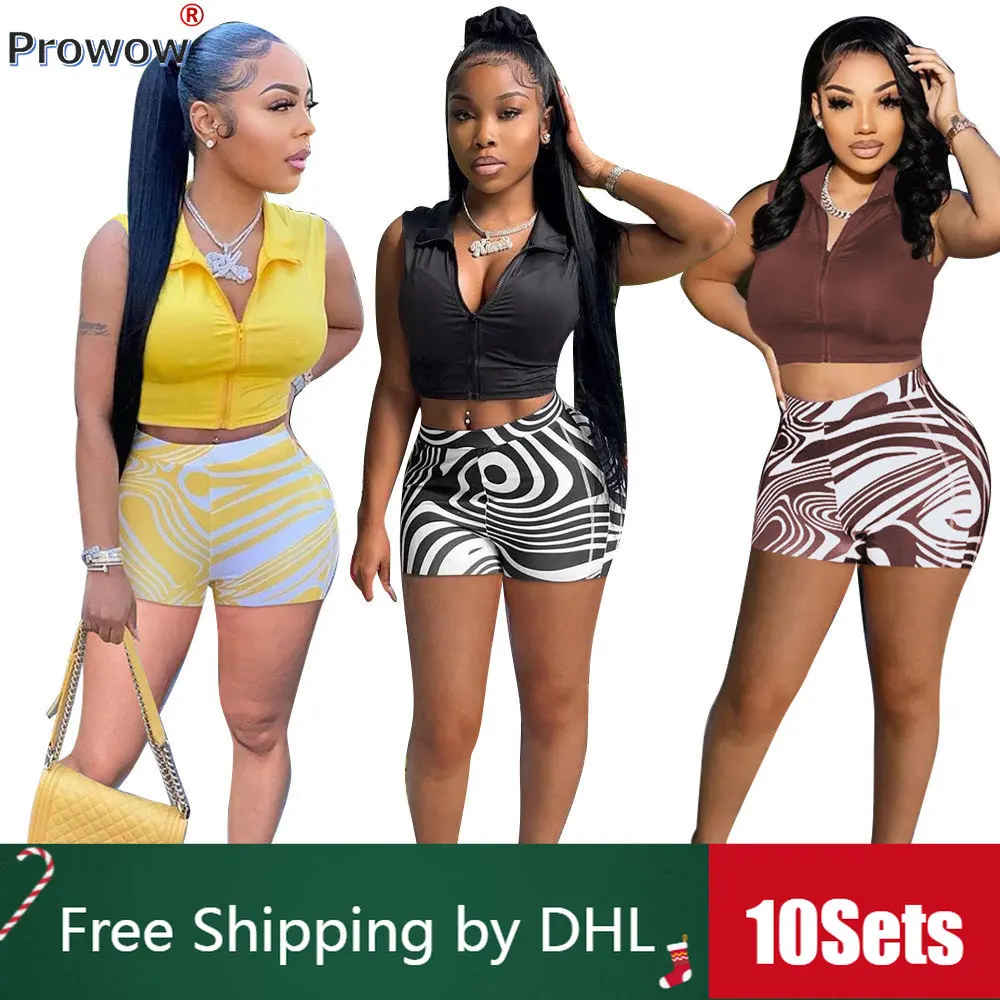 

10 Sets Bulk Women Short Sets Waistcoat and Stripe Printing Shorts 2023 Summer Sexy Slim 2 Piece Outfit Tracksuit Wholesale 9323