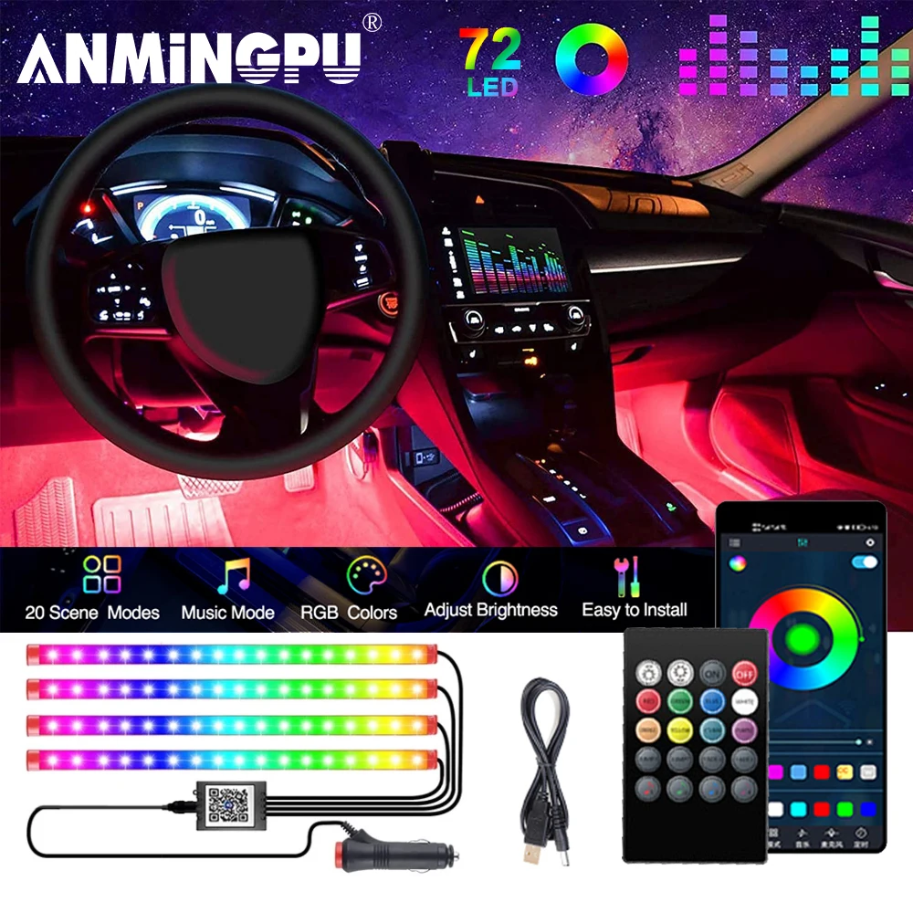 

Светодиодная подсветка ANMINGPU неоновая RGB 72 для салона автомобиля, подсветсветильник с USB App, музыкальное Беспроводное управление, атмосферные декоративные лампы