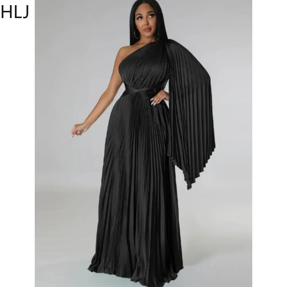 

HLJ Fashion One Shoulder Ruched Maxi Dresses Women Sleeveless Waist Retraction A-line Dress Casual Female Solid Party Vestidos