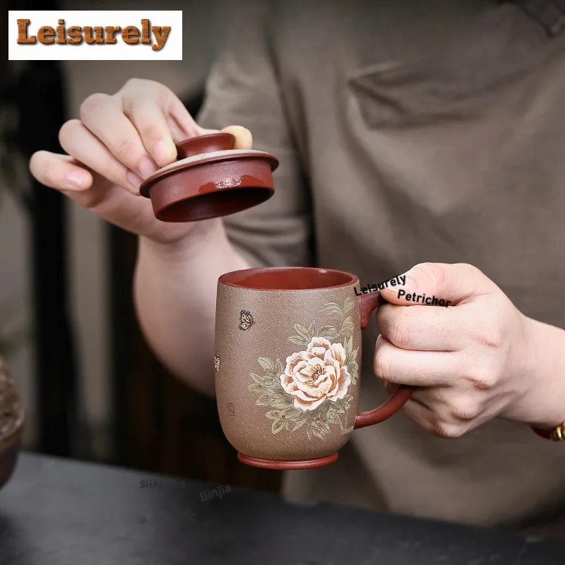 200ml Yixing Handmade Purple Clay Peony Coffee Mug Couple Handgrip Cups Afternoon Tea Mug Office Water Cup Tea Services Gift