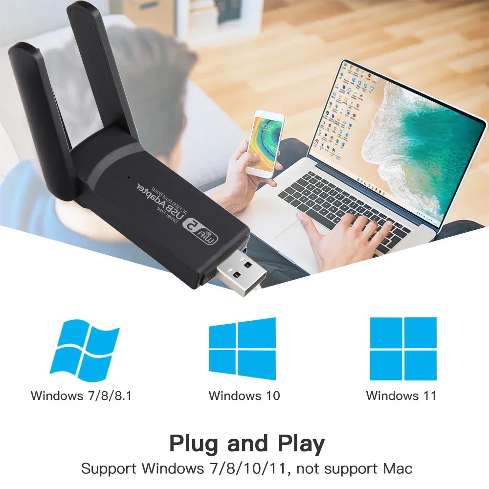 PC용 USB 3.0 와이파이 어댑터, 듀얼 밴드 무선 와이파이 동글 안테나, USB 이더넷 네트워크 카드 리시버, 1300Mbps, 2.4Ghz, 5Ghz