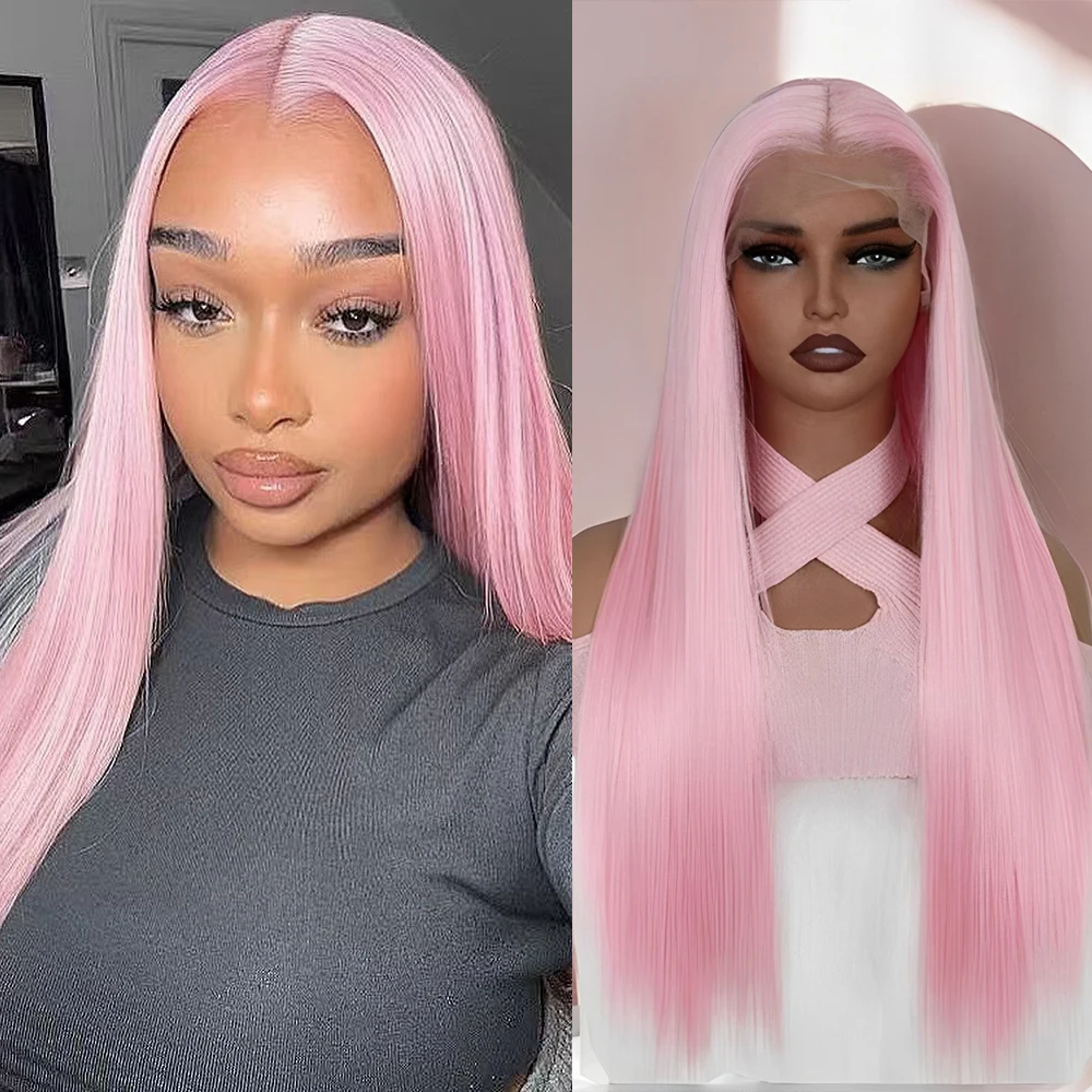 Pink Straight Synthetic Lace Hair Middle Part Straight Pink Wig Natural Hairline Heat Fiber Lace Hair Cosplay Wear