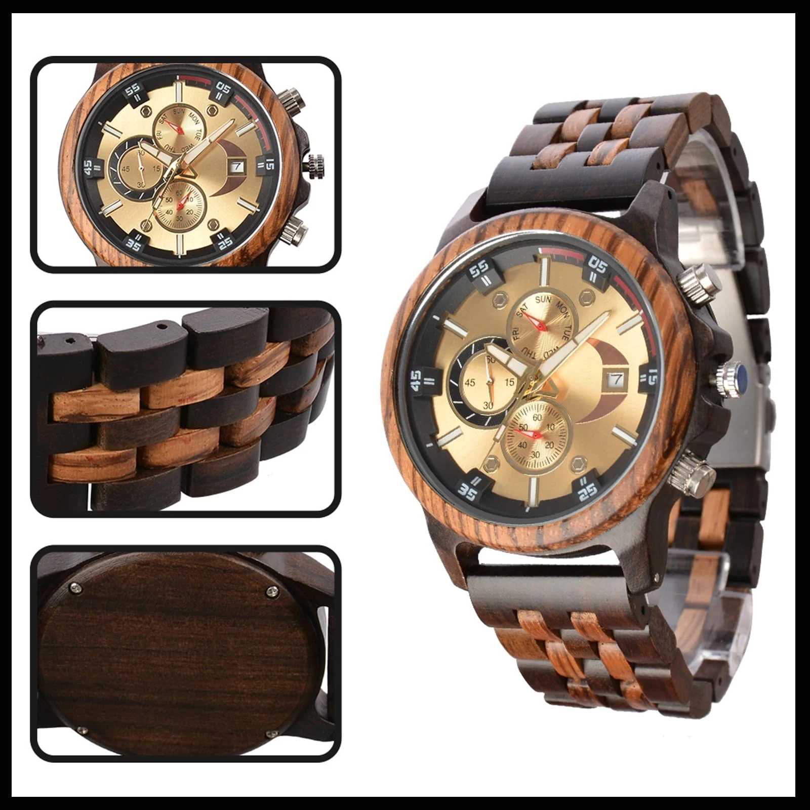 Men's quartz wristwatches Analog Watches Day and Date Display Lightweight Handmade Wood Strap Men's Luminous Watches