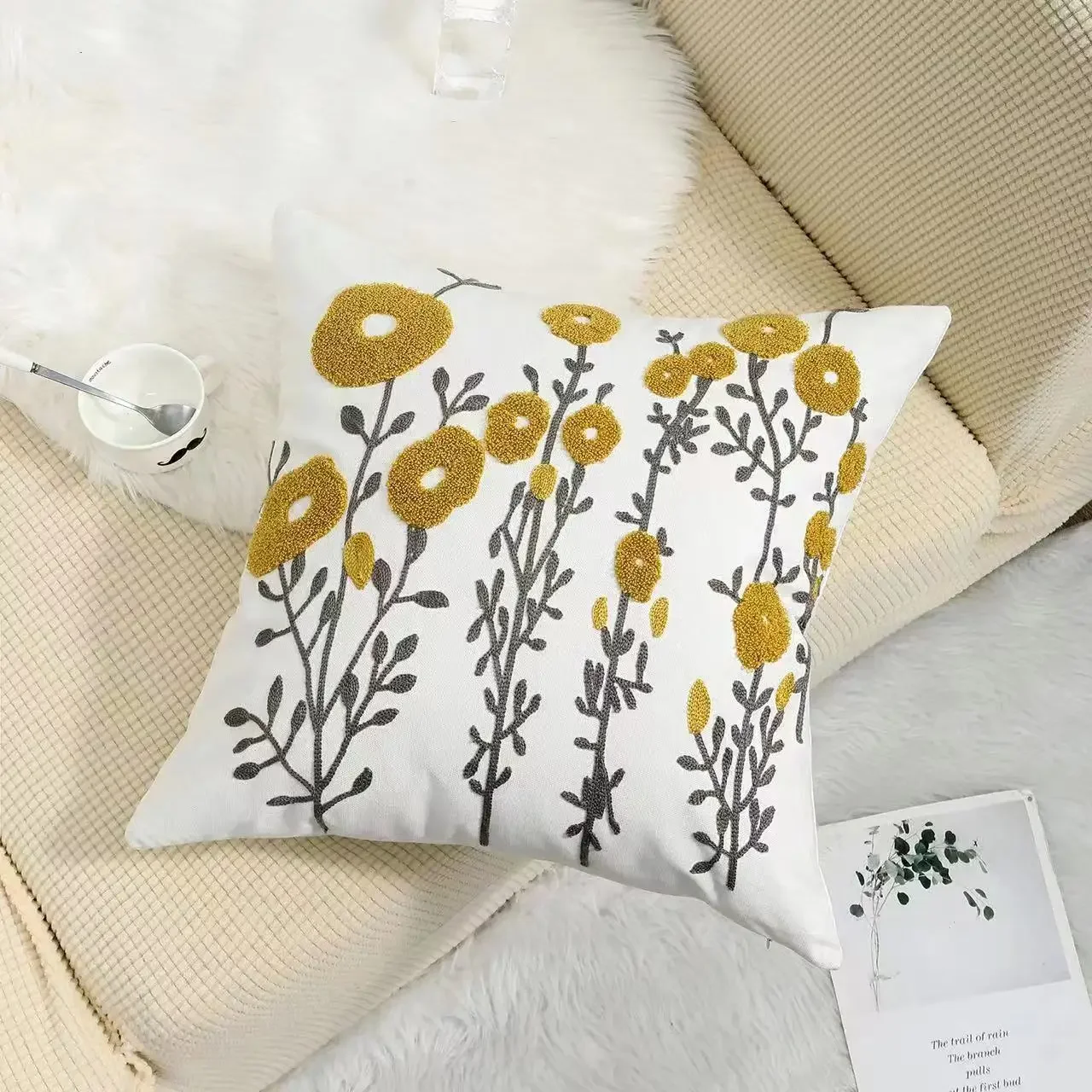 Rustic Floral Embroidered Canvas Cushion Cover