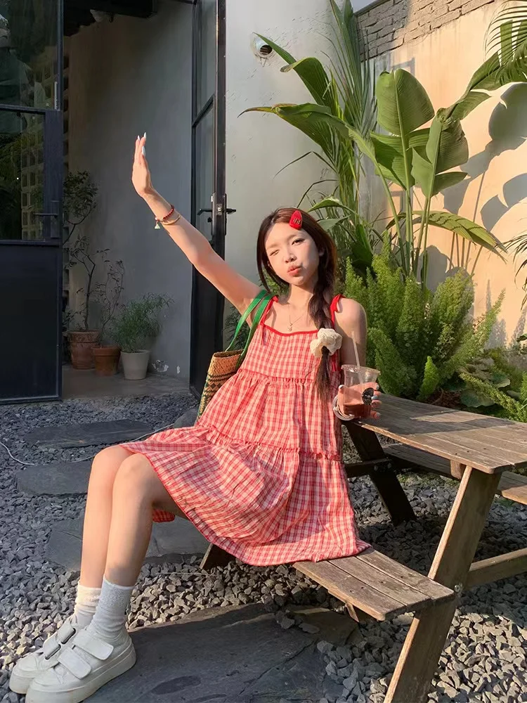 Women Sweet Preppy Style Mini Dress French Style Red Plaid Sleeveless Ruffles Bandage Dresses Summer Y2k Street Vintage Vestidos