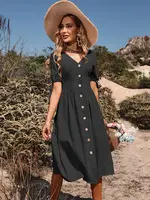Summer Women Short Sleeve V Neck Solid Color Single Breasted Cotton Linen A Line Dress - Image 5