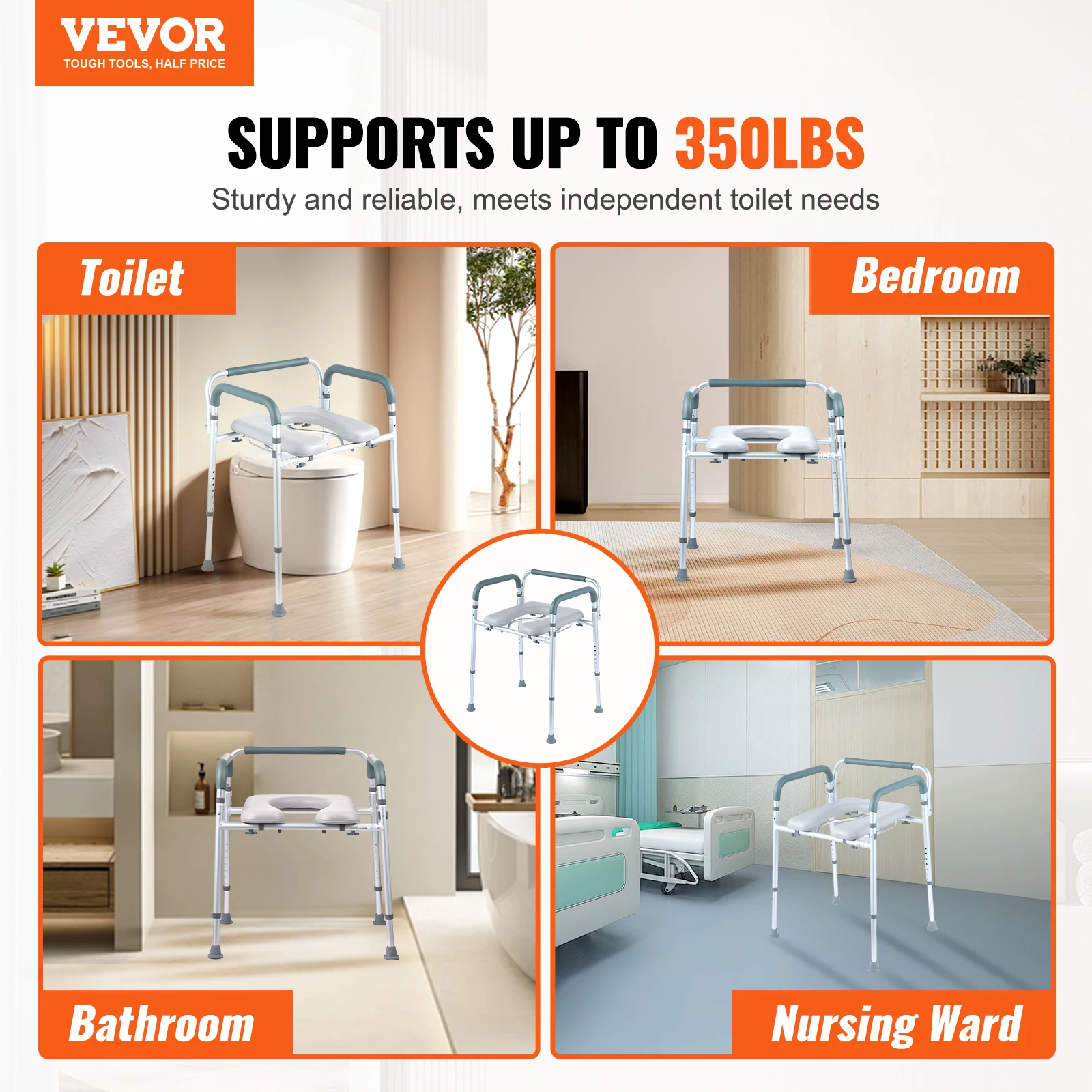 VEVOR Commode Chair Bedside Commode with Padded Seat and Arms, 7-Level Adjustable Height 5.8L Removable Bucket Easy to Assemble