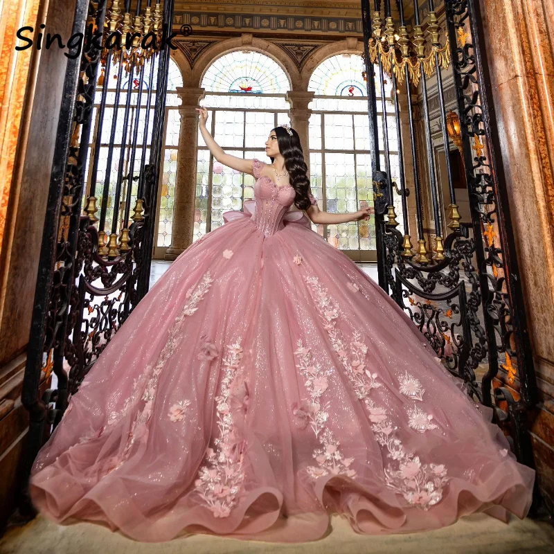 

Розовое блестящее платье для выпускного вечера, милое платье 15 дюймов, платье с аппликацией, бисером и бантом, юбка принцессы на выпускной