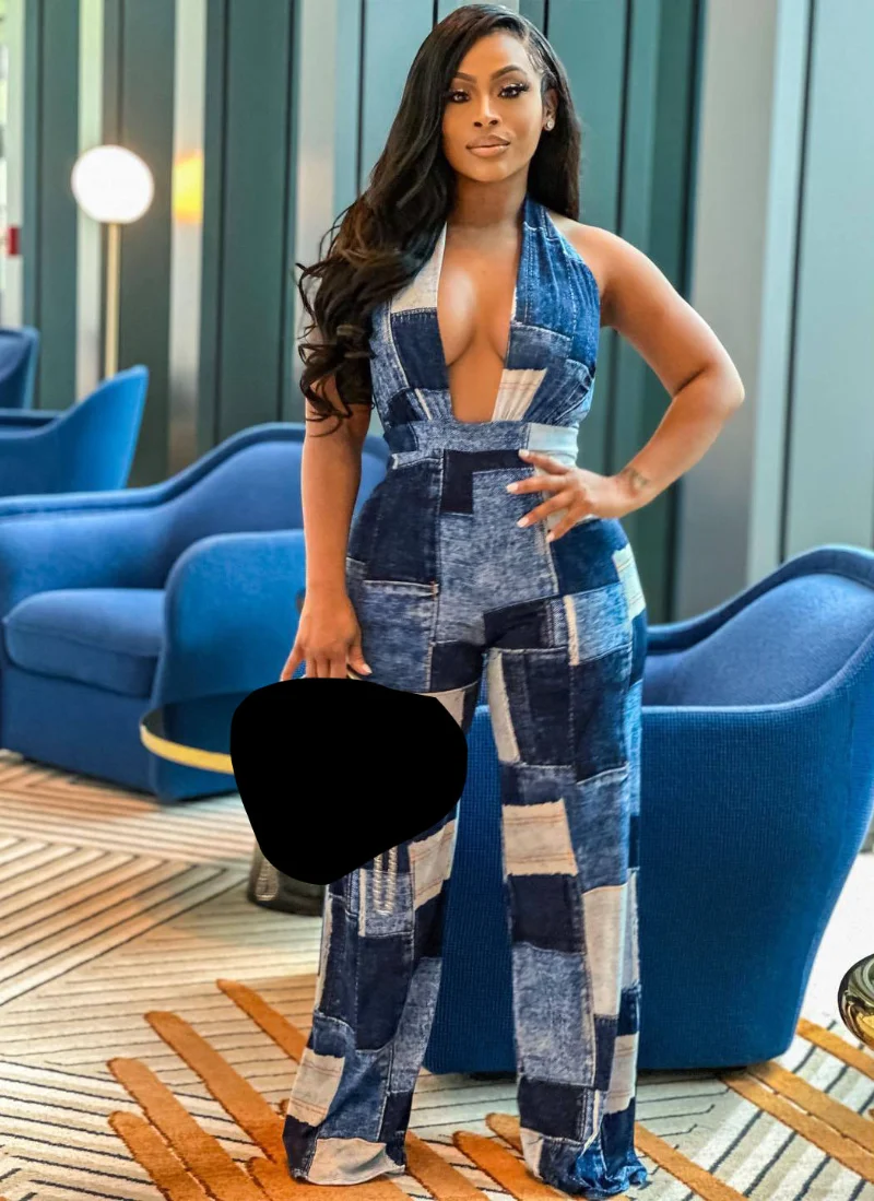 

WUHE Fake Jean Plaid Printed Halter Deep V-neck Backless Women Jumpsuit 2023 Summer Party Club Evening One Piece Set Playsuit