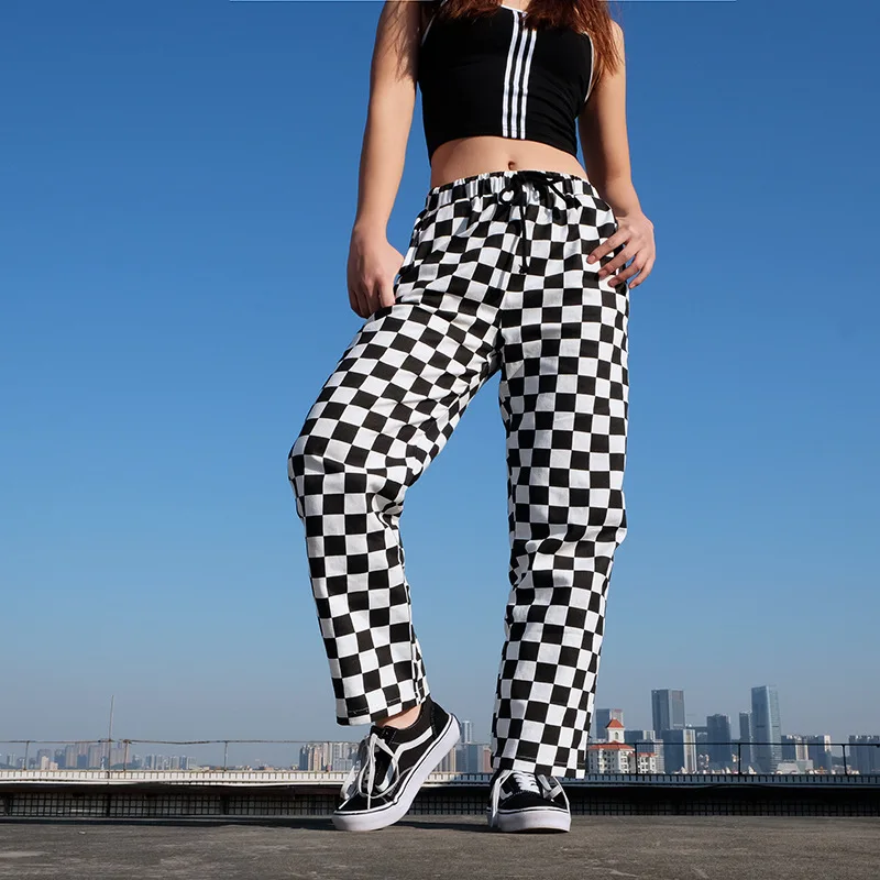 

Vangull Checkered Plaid Straight Pants Women High Waist Loose Drawstring Jogging Pants Casual Fashion Hip hop Female Streetwear