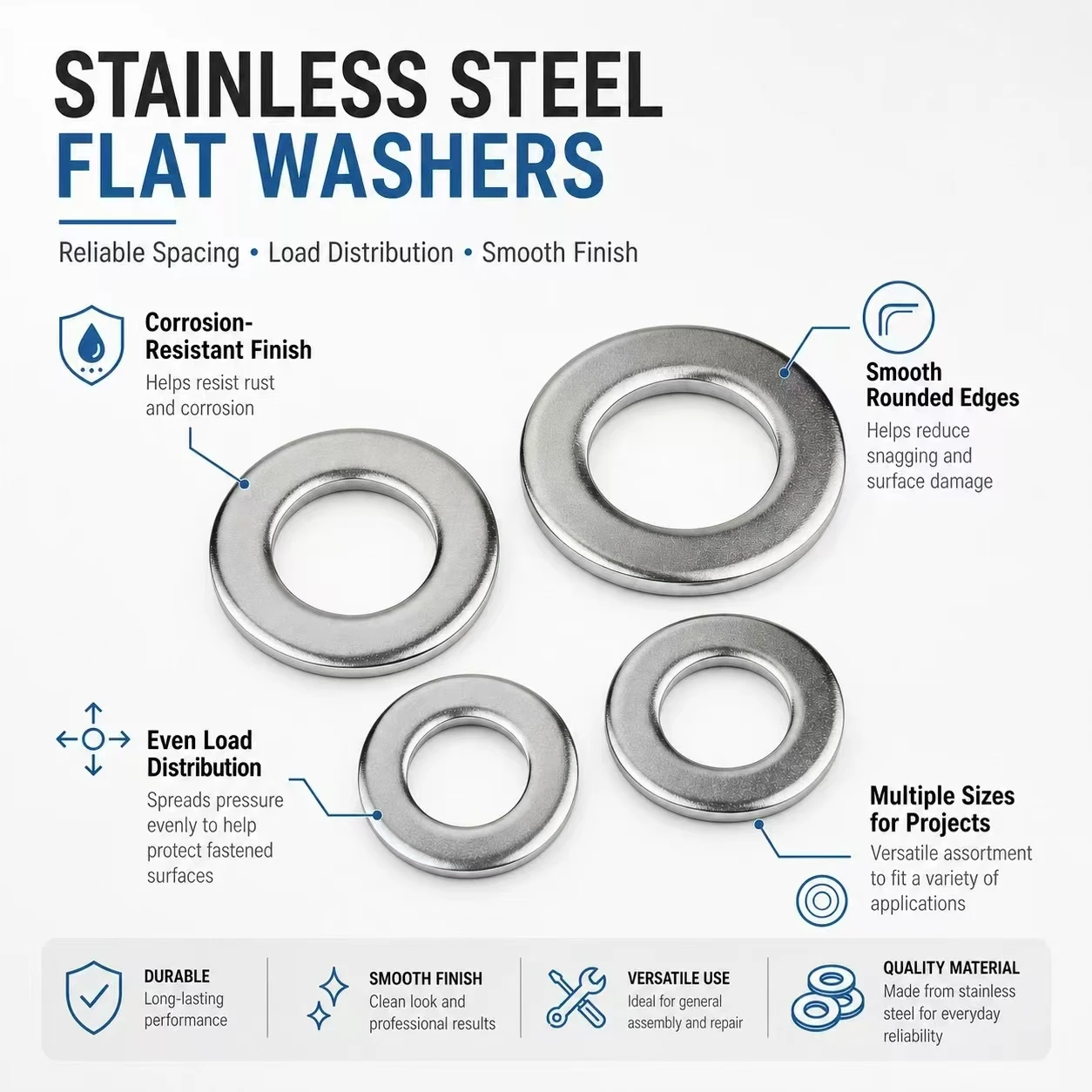 High-Quality Stainless Steel Washers Assortment Kit – Versatile Metal Washers for Industrial Use (206/416 Pieces, 9 Sizes)
