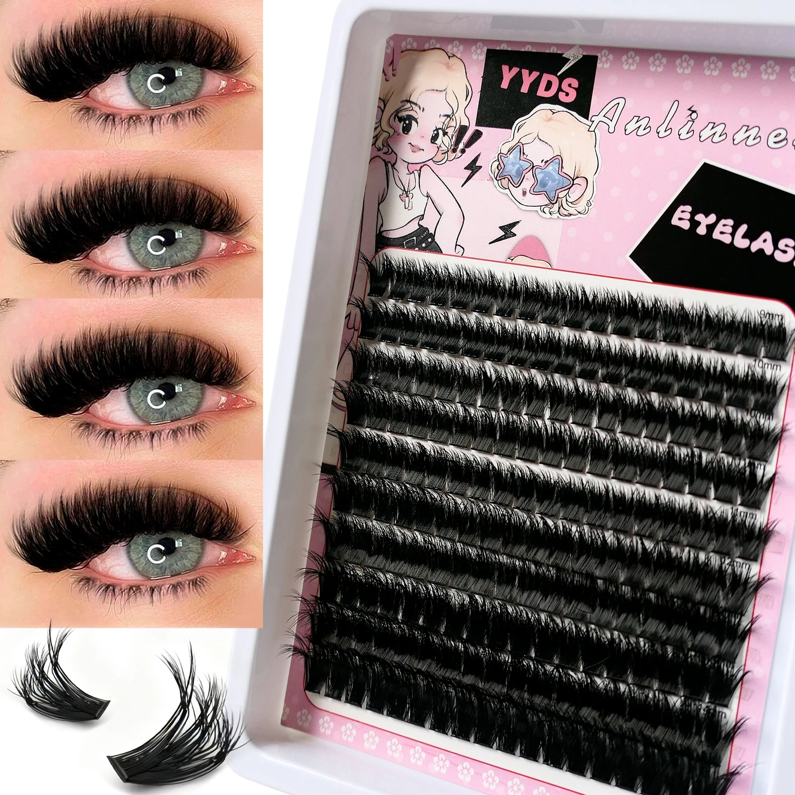 10 Reihen, 200 Cluster mit 3D-Wimpern, Make-up-Wimpern, natürliche und flauschige Wimpern, persönliche, leicht zu entblättende Wimpern, 9–15 mm
