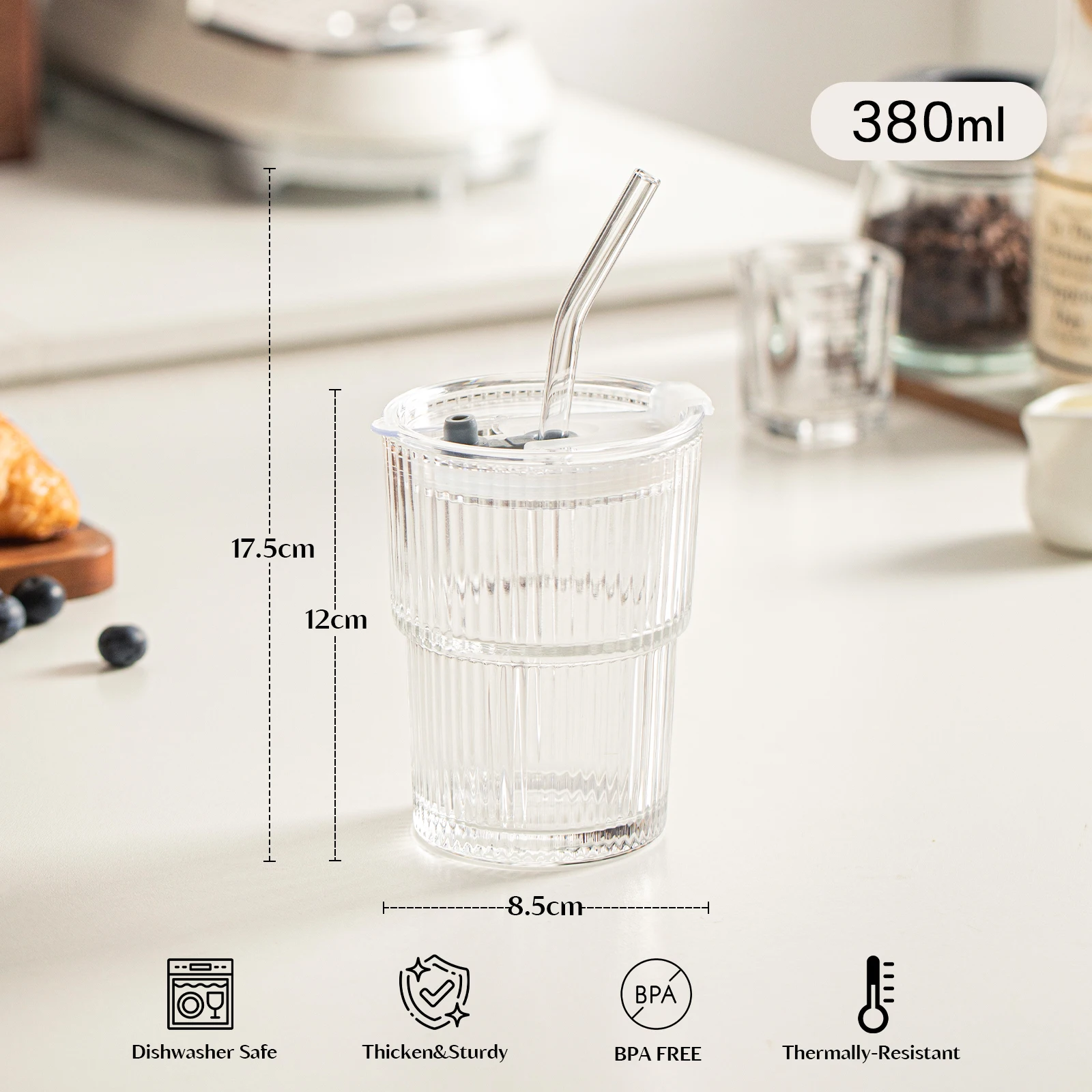 Stripe Glass Cup with Lid and Straw - Front View