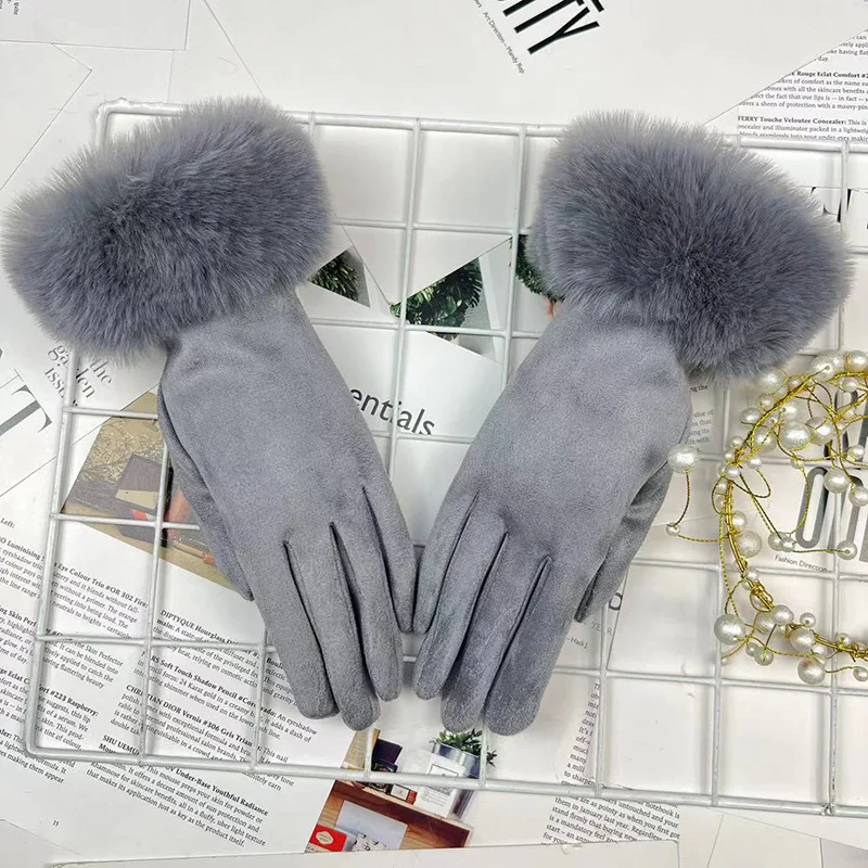 Women Winter Suede Keep Warm Touch Screen Plus Cashmere Fashion Solid Plush Wrist Look Thin Gloves Cold Protection Elasticity