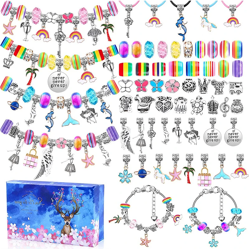 

Fit Pandora Charms Bracelet Making Kit For Kids Blue Sky Pink FLowers Deer Box Girl Colorful Glass Beads Accessories DIY Jewelry