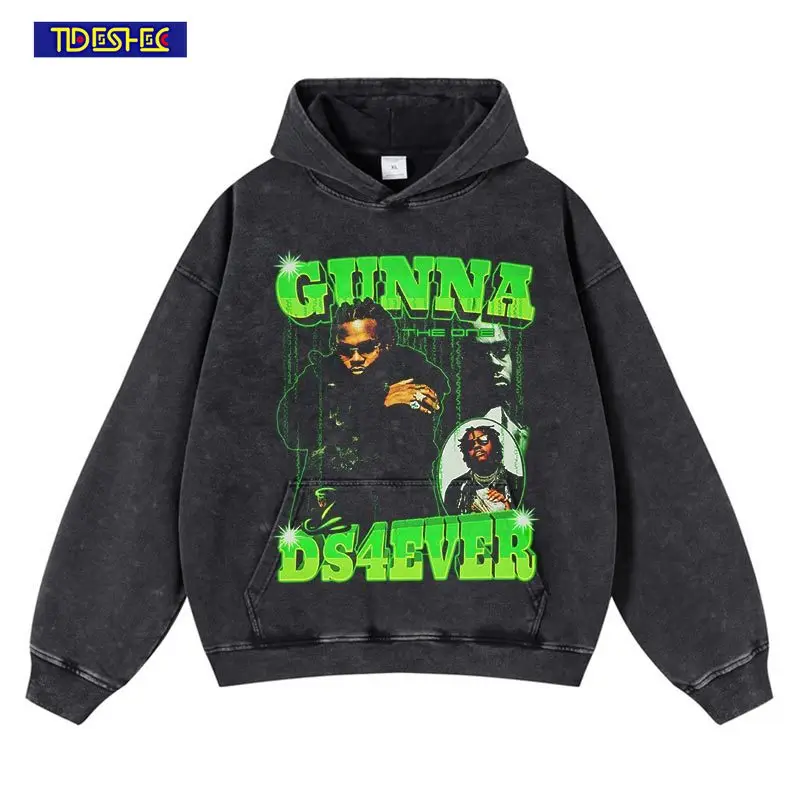 

TIDESHEC Streetwear Men Hoodie Washed Hooded Sweatshirt 2023 Hip Hop Punk Pullover Retro Vintage Rap Graphic Portrait Hoodie