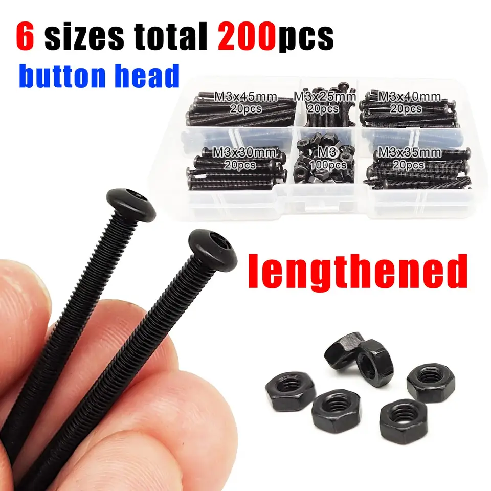 200pc/Kit Lengthened Long M3 Allen Hexagon Hex Socket Head Cap Button Countersunk Flat Thin Screw Bolt Nut Set Black Alloy Steel image 2