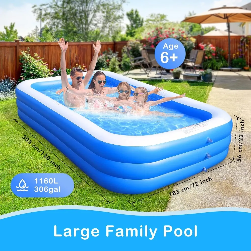 Sumbee Inflatable Swimming Kiddie Pool for Adults Kids Ages 6-12, Size 120" X 72" X 22" Large Blow Up Pool for Family Backyard