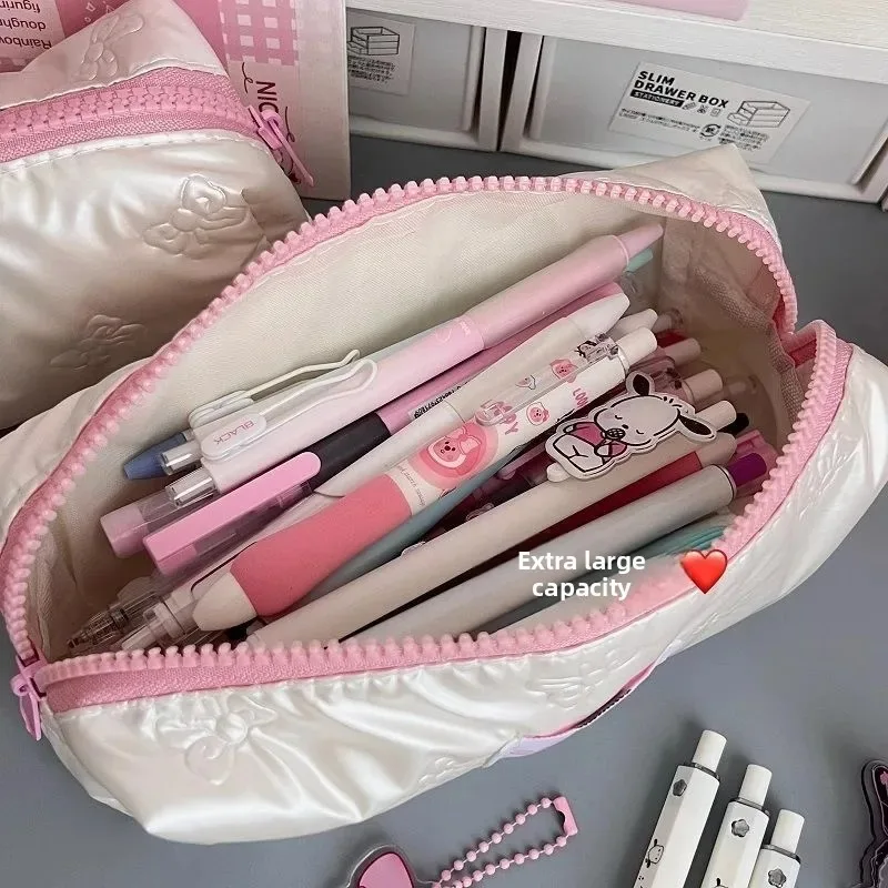 1pcs 크리 에이 티브 핑크 보우 연필 케이스 대용량 보관 연필 가방 다기능 문구 정리 가방