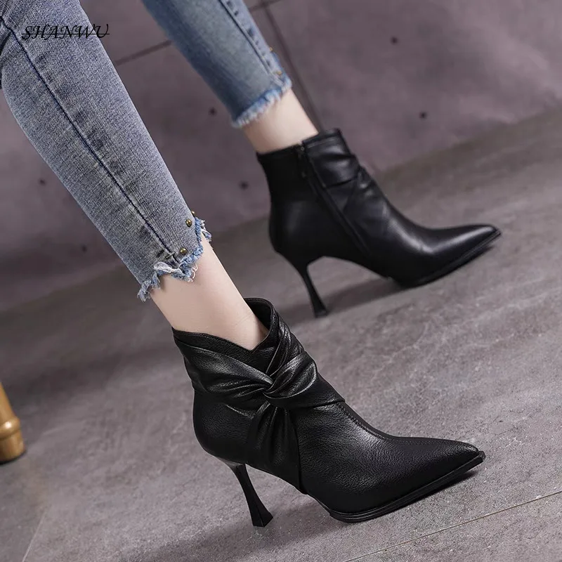 

Ladies Elegant Short Boots Women's Soft Leather Pointed Skinny Boots 2024 Autumn Winter New Fine Heel Side Zipper Fashion Boots