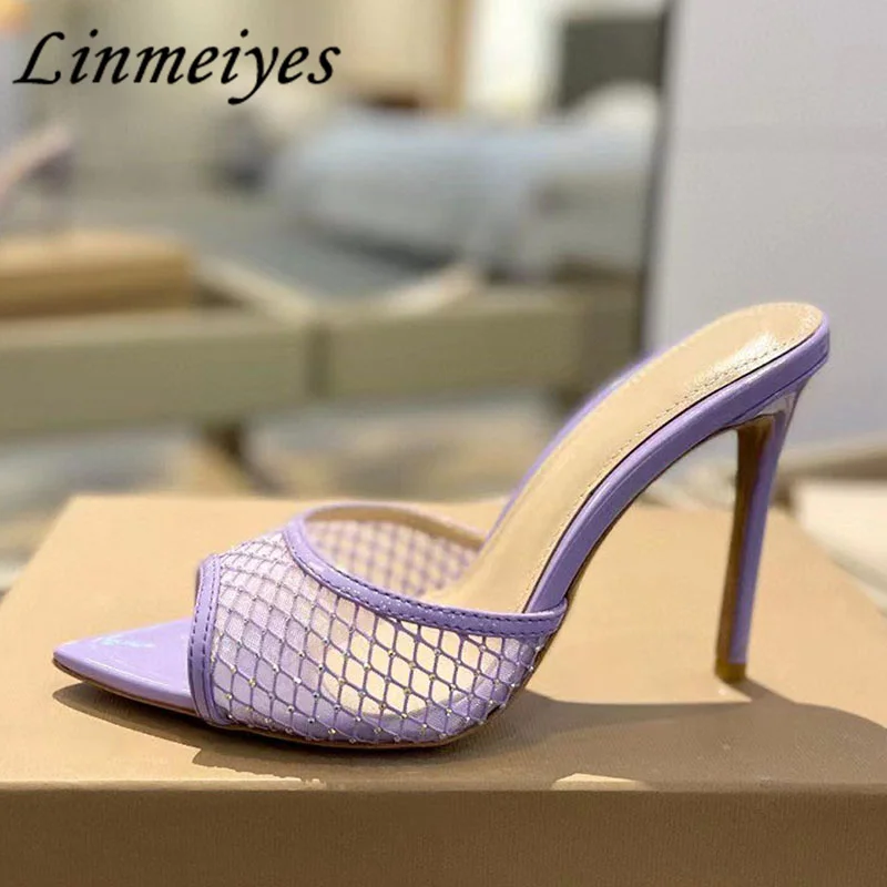 

New High Heels Slippers Women Sexy Pointed Peep Toe Shallow Slides Female Summer Mesh Hollow Out Stiletto Sandals Woman