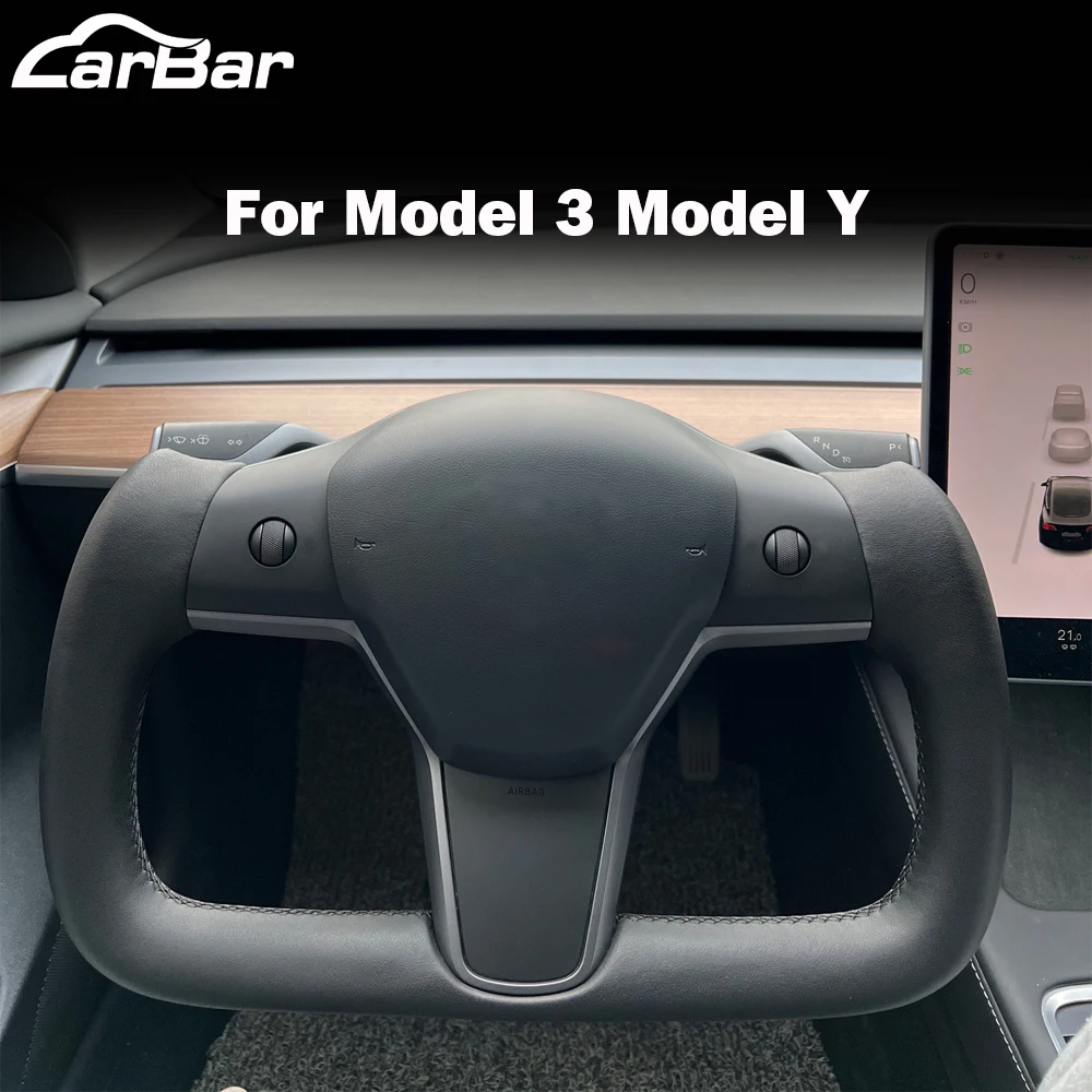 Carbarヨークステアリングホイール用テスラモデル3モデルy 2017-2022革の炭素繊維ブラックホワイトカラー加熱オプション  AliExpress