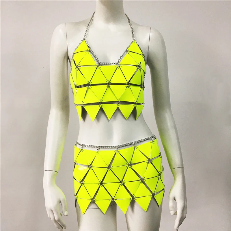 Sexy Backless Camis Hollow Out Mini Skirts Musical Festival Rave Beach Party Outfits Punk Goth PU Leather Wetlook 2 Piece Sets