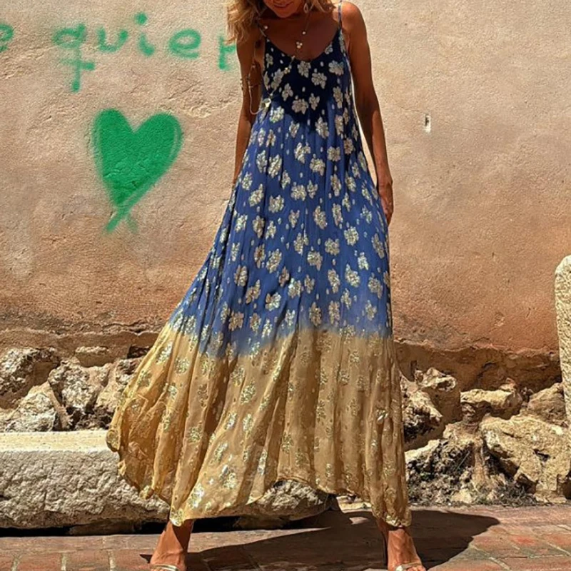 

Sexy Hollow Sleeveless Pleated Beach Dress Gradient Printed Loose Bohemian Dress Summer Women V-neck Spaghetti Strap Long Dress