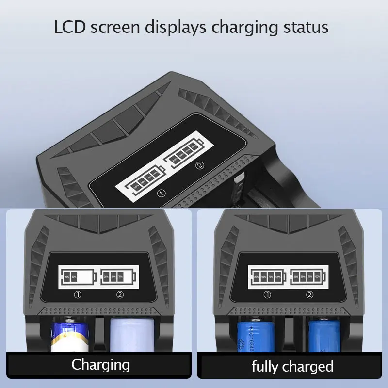 Chargeur Batterie Lithium Li-ion 4 Slots USB Intelligent, connecté via USB à une prise secteur, quatre batteries en charge.