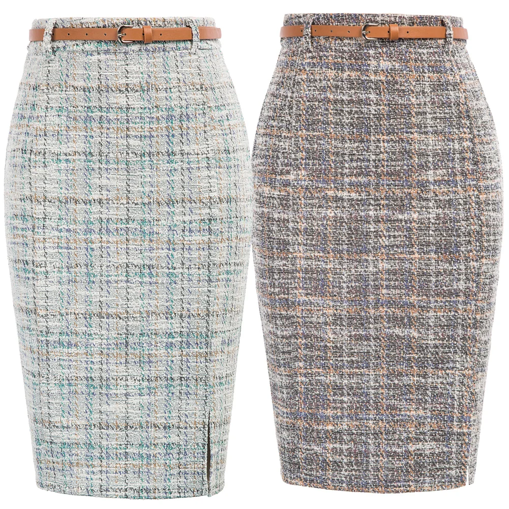 KK Women Bodycon Skirt Fashion Tweed Latticed Printed With Belt High Waist Knee Length Slit Front Work Office Lady Skirts