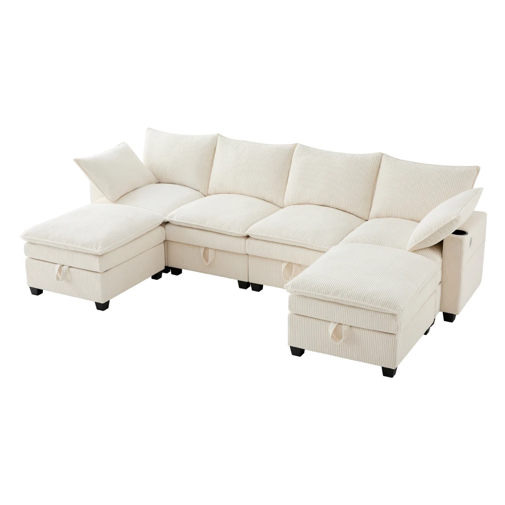 Modernes L-förmiges Sofa mit Kabelbefestigung, abnehmbarem Fußhocker, USB-Anschlüssen, Ablagefächern und Getränkehaltern, modulares Sofa – Detail 24