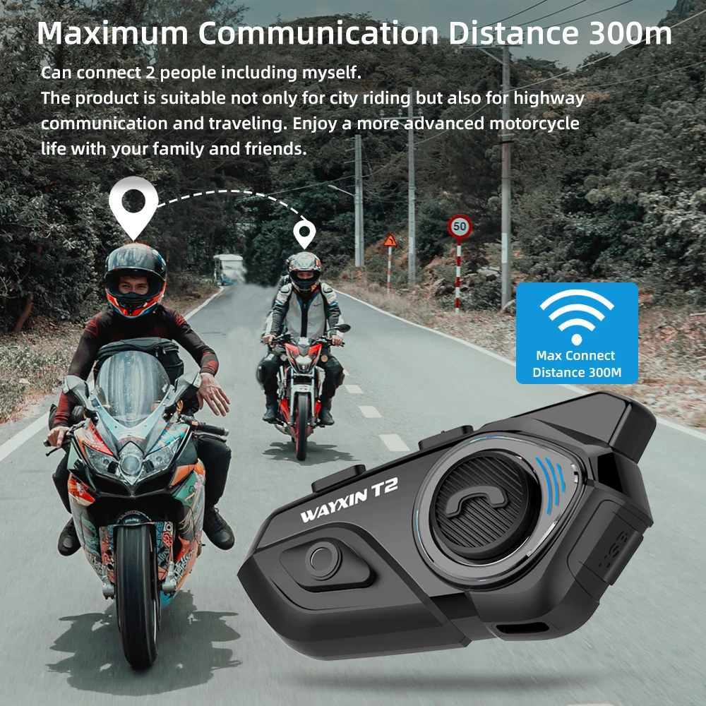 Interphone Moto WAYXIN T2 - Communication 2 Personnes Jusqu'à 300 M - Bluetooth 5.1 - Étanche IP67