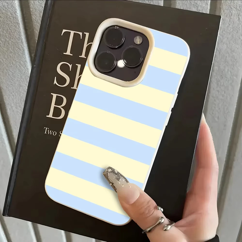 Elegant Light Blue & Cream Stripe Lychee Soft Phone Case Cover