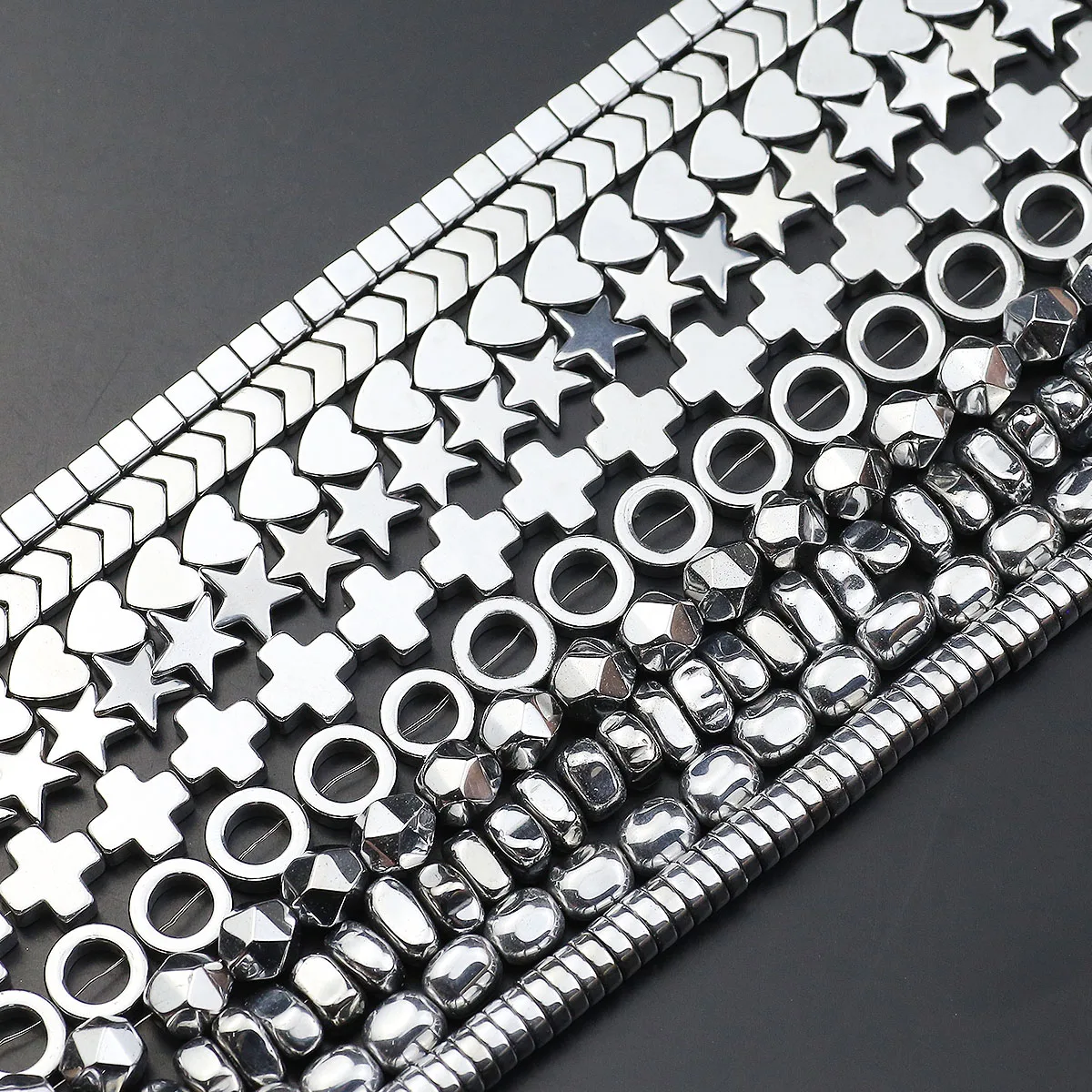 Silver-Plated Hematite Heart and Star Beads