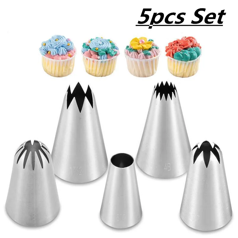 

Cheap 5pcs Cake Decorating Piping Nozzle Kit Kitchen DIY Baking Accessories Pastry Cake Icing Pipe Cream Stainless Steel Nozzle