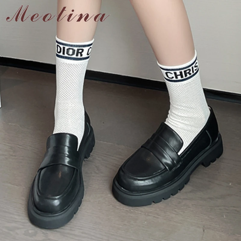 

Meotina Women Genuine Leather Round Toe Platform Flat Loafers Fashion Sewing Ladies Casual Shoes Autumn Spring Black Apricot