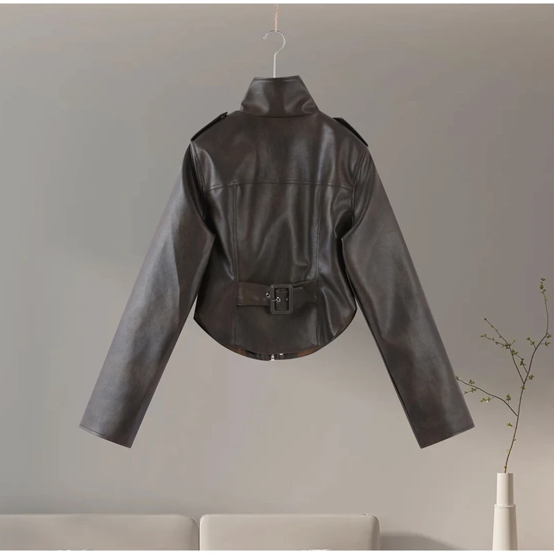 2026 Spring Women's Cropped PU Leather Jacket Stand Collar Long Sleeve Zipper Jackets Fashion Lady Retro Moto Biker Coat Outwear