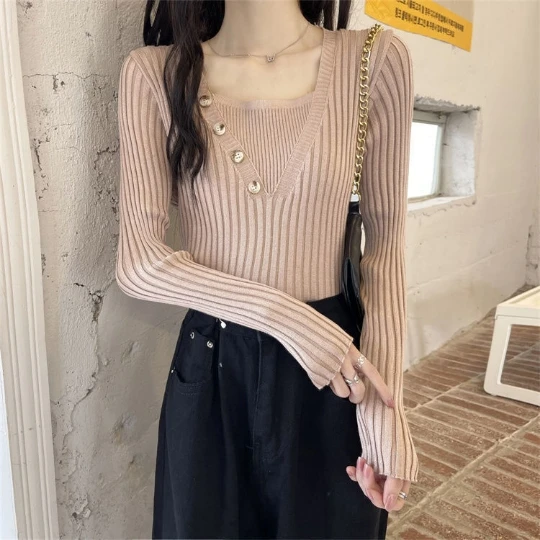 

Khaki Japan Korea Pullover Girl Woman Women Sweater V-Neck Knit Tops Tight Women's Sweaters Fall Spring Top Coat Cloth Suétere
