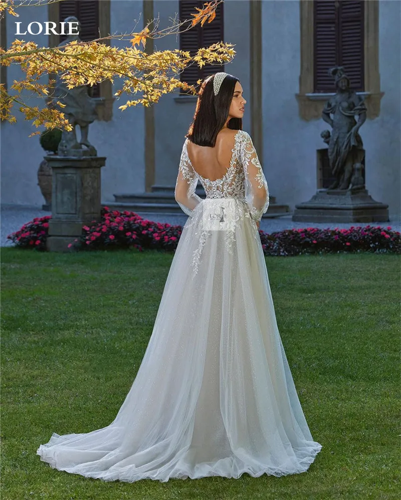LORIE Classic Wedding Dresses A Line Puff Sleeve  Lace V Neck Appliqued Lace Boho Bride Gown 2024 Tulle vestidos de novia
